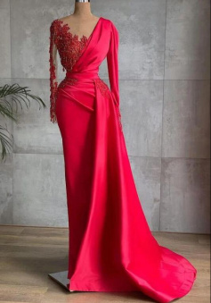 Chic Mermaid Satin Long Sleeves Prom Dresses With Ruby Lace Appliques