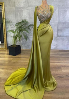 Vintage Mermaid Jewel Satin Emerald Prom Dresses
