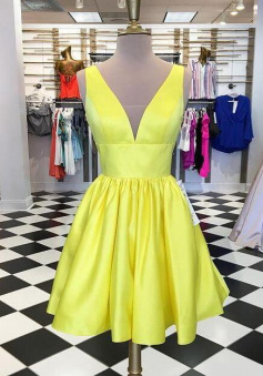Simple Short V Neck Yellow Homecoming Dress