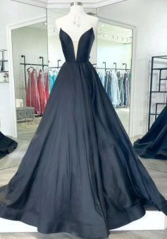 Simple black satin long prom dress