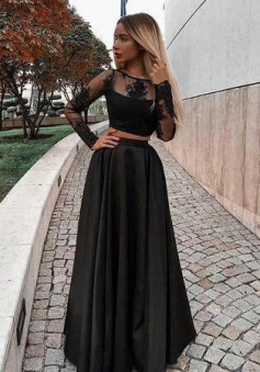 Floor-Length Two Piece Long Sleeve Black Prom Dress