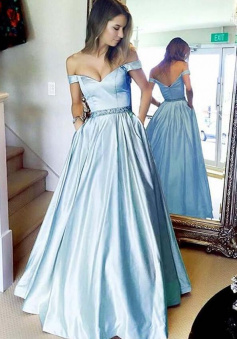 Off the shoulder A-line Sky Blue Long Prom Dress with Pocket