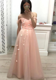 Off the Shoulder A Line Long Prom Dresses With Flowers