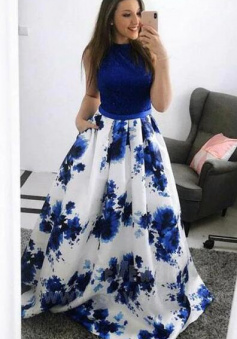 A-Line Jewel Blue Floral Prom Dress with Pockets