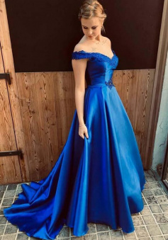 Charming Royal Blue A Line Satin Prom Dresses