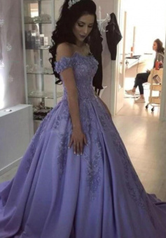 Ball Gown Lavender Off the Shoulder Lace Prom Dresses