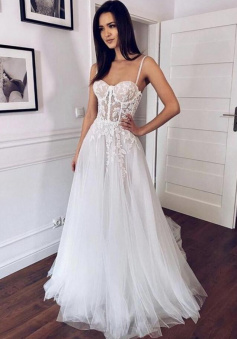 A Line tulle lace long prom evening dress