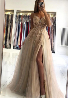 Champagne v neck long tulle prom dress with beading