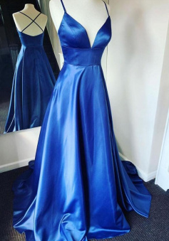 Simple blue satin long prom evening dress