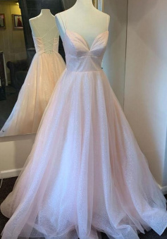 A Line Pink v neck tulle long prom dress