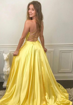 Spaghetti Straps A-Line Yellow Backless Prom Dresses