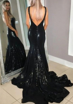 Sexy V Neck Sequins Long Prom Dresses with Train