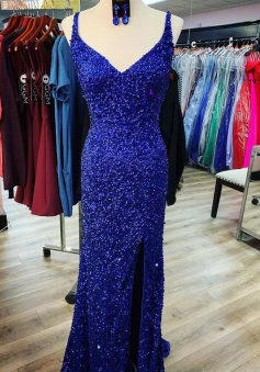 Floor Length Royal Blue Sequin Prom dresses