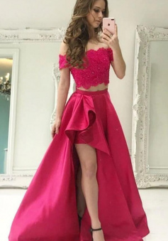 Off The Shoulder Two Piece Prom Dress With Lace