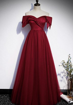 Off Shoulder Burgundy Sequin long prom evening dress