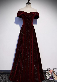 A Line Burgundy velvet long prom dress
