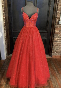 A Line V Neck Red tulle beads evening dress