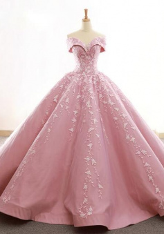 Off The Shoulder Pink Satin Appliques prom dress