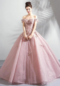 off-the-shoulder pink prom dress with lace