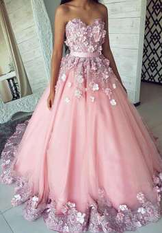Mermaid Sweetheart Ball Gown Pink Tulle Lace Applique Prom Dress