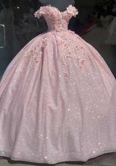 Off Shoulder Ball Gown Pink Glitter Prom Dress