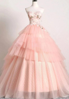 A Line Sweetheart Ball Gown Pink Prom Dress with Lace