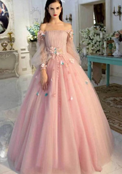 A Line Off Shoulder Long Pink Prom Dress with Sleeves