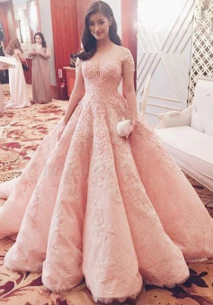 Ball Gown Sweetheart Long Pink Prom Dress with Lace