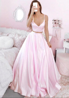 A Line Two Pieces Pink Formal Prom Dresses
