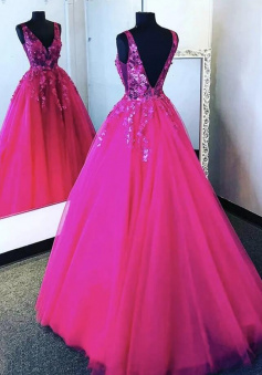 Hot Pink V Neck Tulle Lace Prom Dresses Evening Dresses