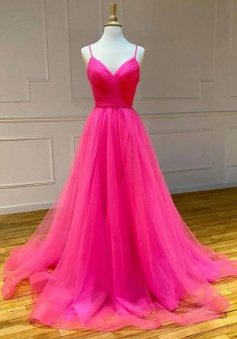 A Line V Neck Backless Hot Pink Formal Graduation Evening Dress