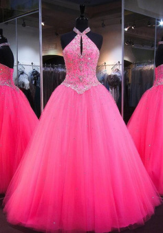Halter Front Hot Pink Tulle Beaded Prom Dress