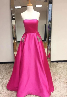 Hot Pink Strapless Prom Dress with Pockets