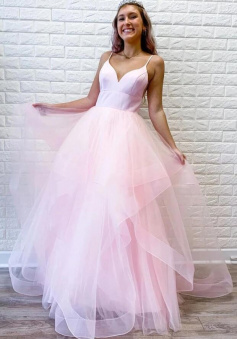A Line V Neck Pink Tulle Long Prom Dress