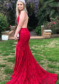 Mermaid Red Lace Spaghetti Strap Backless Prom Dresses