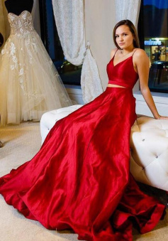 Simple Two Pieces Red Stain Prom Dresses