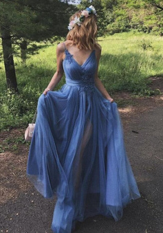 A Line V Neck Blue Long Prom Graduation Evening Dresses