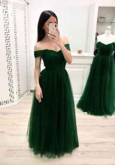 Off the Shoulder Long Tulle Green Prom Dress