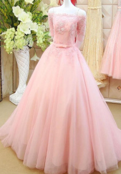 A-Line pink Off-the-Shoulder Half Sleeves Lace Formal Gowns