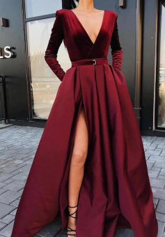 A Line Burgundy V-neck Split Prom Dresses Formal Dresses With Long Sleeves