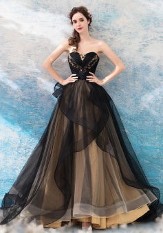 Princess Black and Champagne Sweetheart Long Prom Dresses
