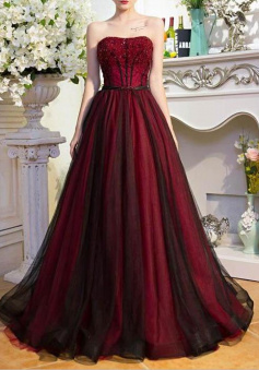 A Line Dark Red and Black Tulle Beaded Long Party Dress