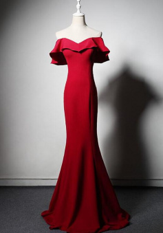 Off Shoulder Floor Length Red Evening Dress