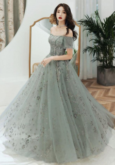 A-line Green Off Shoulder Lace Sweetheart Formal Gown