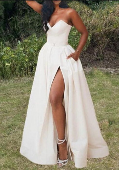 A Line Satin Split prom dress With Pockets