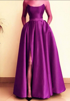 Floor Length Strapless Prom Dresses Satin With Pockets