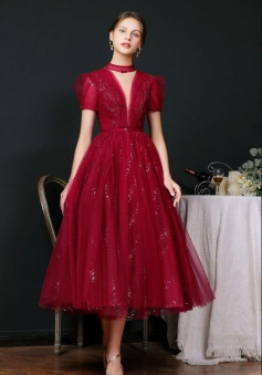 A-line tea length tulle prom party dress features with short sleeves