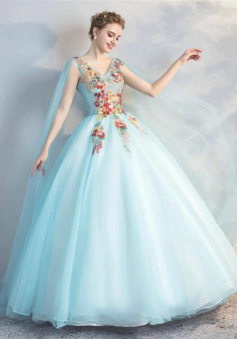 A Line Blue Tulle V-neck Embroidery Prom Dresses