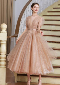 Tea Length Champagne Party Dress with short sleeves