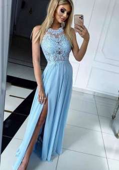 A Line Blue round neck chiffon prom dress with lace